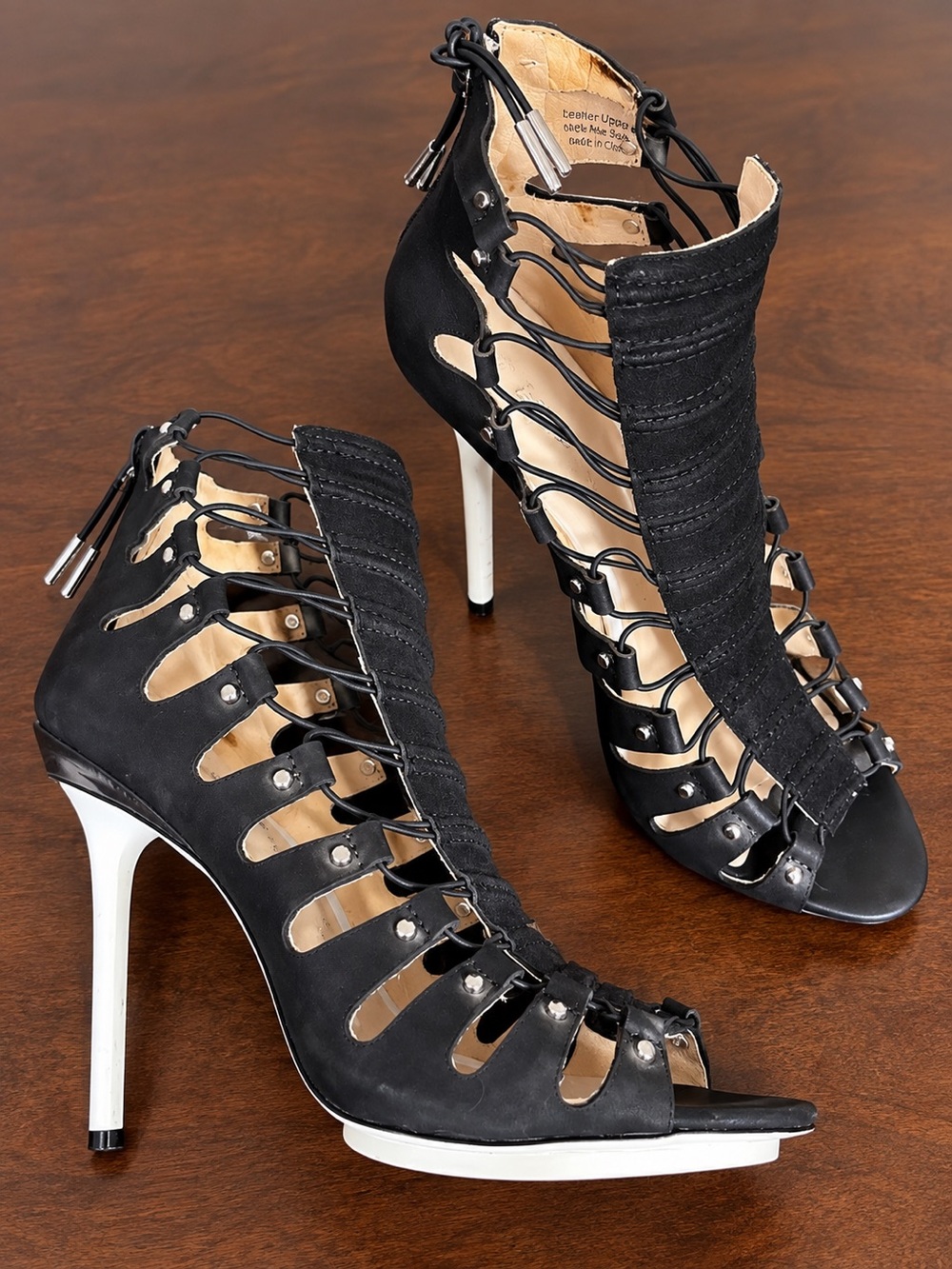 L.A.M.B. Falyn Caged Booties 9.5 Black White Open Toe Heels J.Lo ASO Stiletto